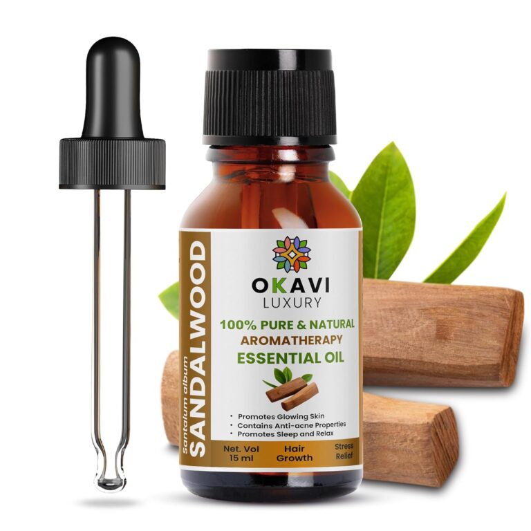 OKAVI Natural Sandalwood Essential Oil Diffuser Aroma Oil for Home Fragrance – Chandan Oil for Skin, Hair, Relaxation & Sleep Sandalwood Essence Oil For Candle, Soap Making DIY – 15ML