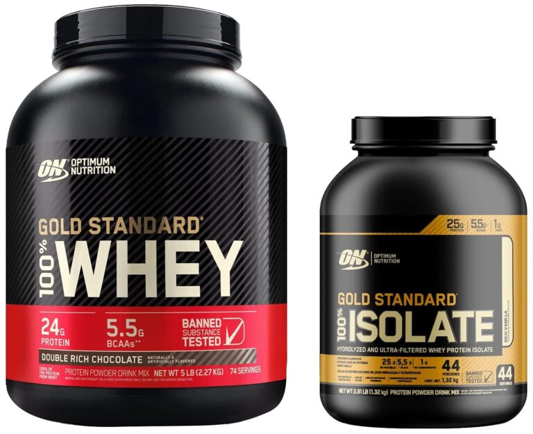 Optimum Nutrition (ON) Gold Standard 100% Whey Protein Powder – 5 lbs, 2.27 kg (Double Rich Chocolate) & (ON) Gold Standard 100% Isolate 3 lbs, 1.36 kg (Chocolate Bliss)