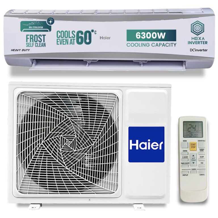 Haier 2 Ton 3 Star HEXA Inverter Split AC (6300 Watts, Copper, 7 in 1 Convertible, Heavy Duty, HD Filter, Frost Self Clean, Cools at 60°C, 20 mtrs Air Throw – HSU24HD-ANW3BN-INV- White)