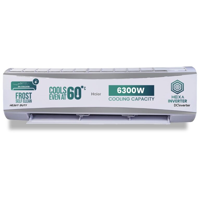 Haier 2 Ton 5 Star HEXA Inverter Split AC (6300 Watts, Copper, 7 in 1 Convertible, Heavy Duty, HD Filter, Cools at 60°C, Frost Self Clean, 20mtrs Air Throw – HSU24HD-ANW5BN-INV)
