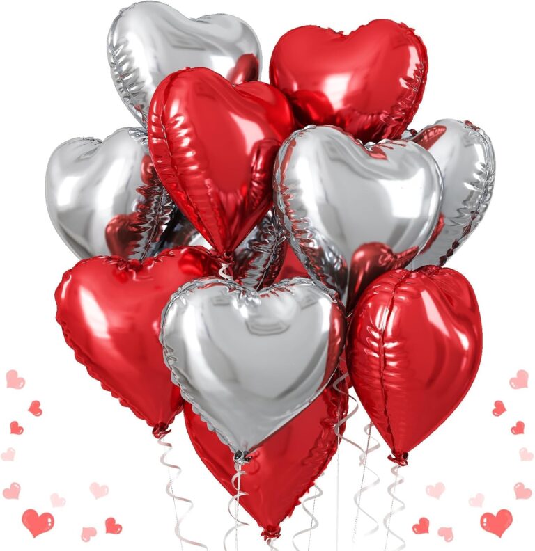 AMFIN® (Pack of 5) 18 Inch Red & Silver Heart Shaped Balloons, Heart Shape Balloons for Decoration, Red Heart Balloons for Decoration, Silver Heart foil Balloons, Valentine Balloons – Red & Silver