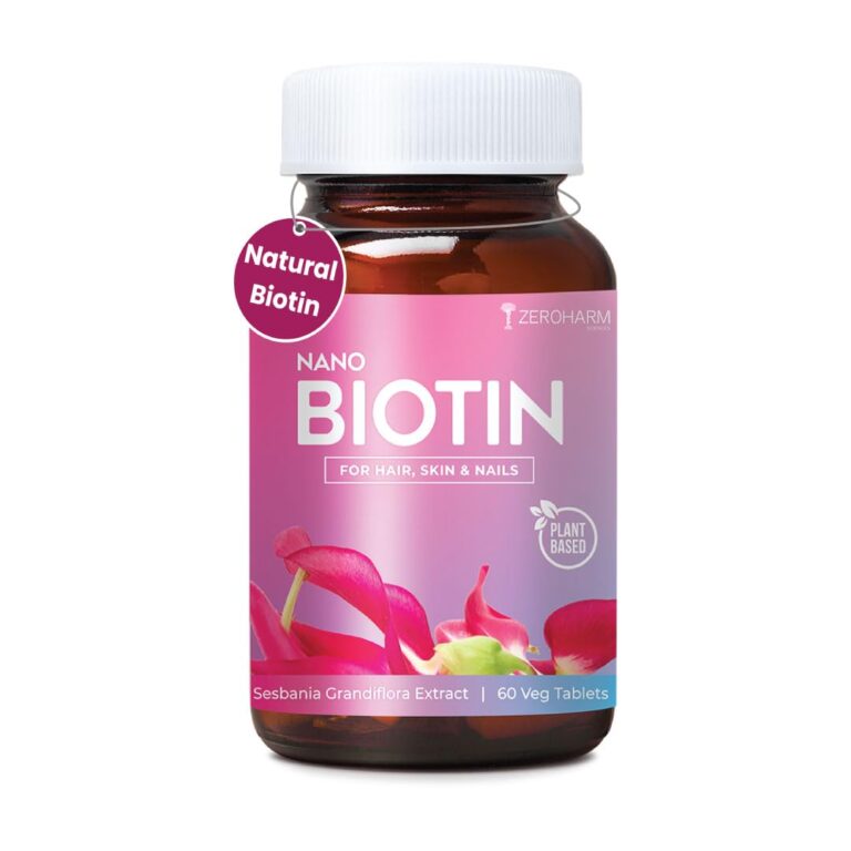 ZEROHARM Biotin Tablets for Hair Growth – Vitamin B7 from Sesbania Grandiflora – Supports Skin Hydration & Nail Strength – For Men & Women – Nano Formulated 60 Veg Tablets